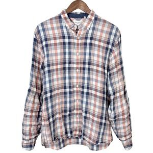 Baird McNutt‎ Mens Linen Shirt Murano Slim Fit Blue Orange Plaid Button Up Large